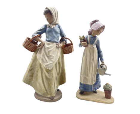 Nao Gres figure of a girl carrying baskets H37cm and another of a girl watering flowers (2) Condition Report:Good condition