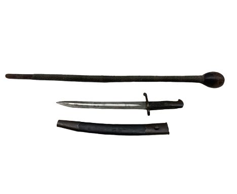 Martini Henry bayonet, short version with scabbard, 35cm blade, and a Zulu wire wound knobkerry L90cm 