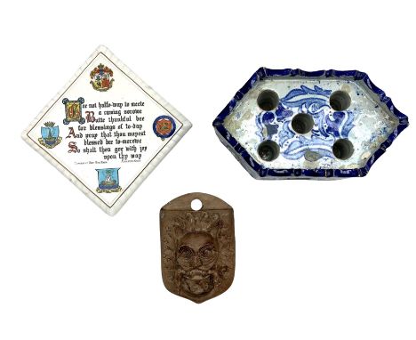 Late 19th century Moorish glazed earthenware flower brick, L19cm, W.H.Goss crested plaque and flower holder 'The Durham Abbey