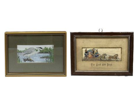 19th century woven silk Stevengraph 'The Good Old Days' 15cm x 5cm and a woven silk picture of a Heron by Cash's (2)