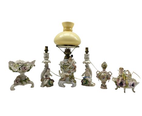 Continental porcelain to include a Plaue Schierholz floral encrusted potpourri and pierced bowl, Meissen style oil lamp appli