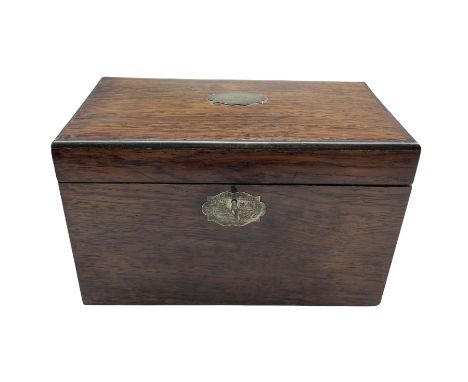 19th century Chinese hardwood tea caddy with brass edge and silvered escutcheon, the simulated Coromandel interior with two g