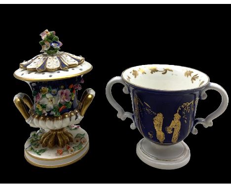 Bloor Derby  pot pourri vase and cover encrusted with flowers, H13cm together with a Bloor Derby twin handled cup decorated w