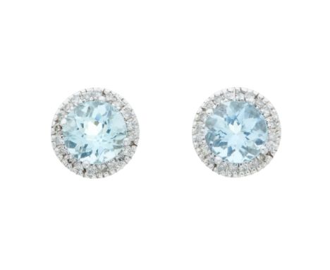 A pair of 14ct gold aquamarine and brilliant-cut diamond cluster stud earrings, estimated total diamond weight 0.20ct, mount 