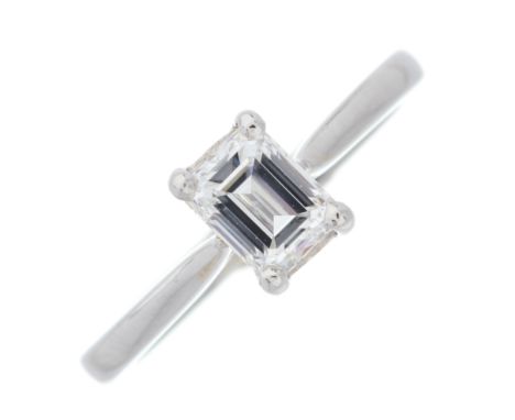 A platinum rectangular-shape diamond single-stone ring, diamond laser inscribed 14228680, corresponding to a report by the GI