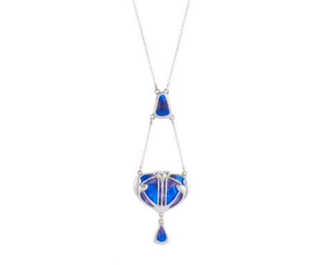 Charles Horner, an Art Nouveau silver, purple and blue enamel foliate pendant, with enamel drop and chain spacer, suspended f