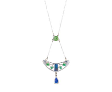 Charles Horner, an Art Nouveau silver, blue and green enamel foliate openwork pendant, with blue enamel drop and green enamel