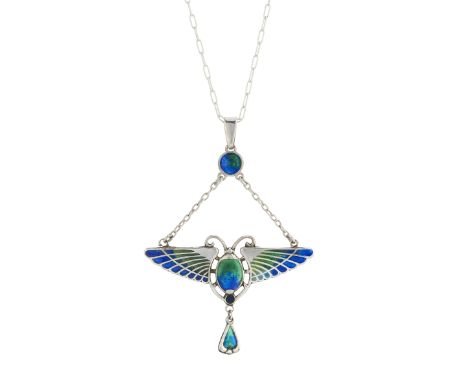 Charles Horner, an Art Nouveau silver and polychrome enamel winged scarab pendant, suspended from a later silver chain, with 