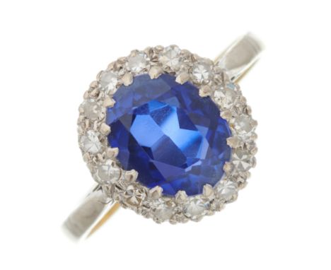 A mid 20th century 18ct gold synthetic sapphire and single-cut diamond cluster ring, estimated total diamond weight 0.30ct, p