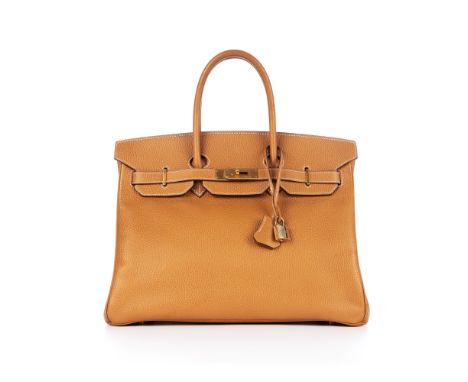 Hermes, a 1998 Birkin 35 handbag, featuring a camel Fjord leather exterior, dual rolled handles, top flap and strap closure w