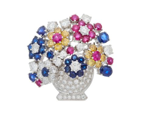An 18ct gold jardiniere floral brooch, set throughout with brilliant-cut yellow diamonds, diamonds, rubies and sapphires, tot