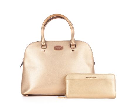 Michael Kors, a gold Saffiano leather handbag and wallet, crafted from gold cross-grain saffiano leather, rolled leather hand