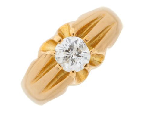 An 18ct gold brilliant-cut diamond single-stone ring, with grooved shoulders, diamond weight 1ct, stamped to band, estimated 