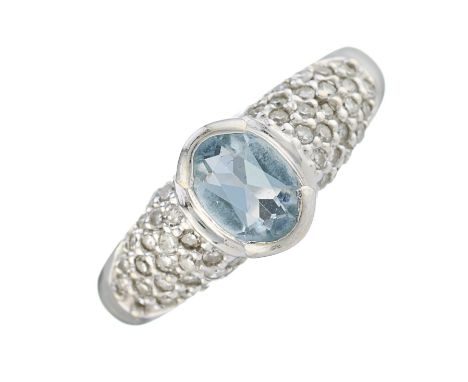 An 18ct gold oval-shape aquamarine and single-cut diamond dress ring, with pave-set diamond tapered shoulders, estimated tota