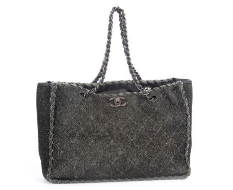 Chanel, a large grey wool felt CC tote handbag, featuring diamond quilted detailing to the front and back, grey leather trim,