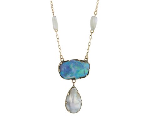 A mid 20th century 14ct gold boulder opal pendant, with mother-of-pearl pear-shape drop, suspended from an integral belcher-l