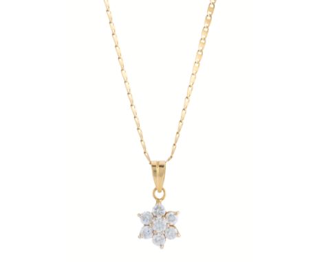 An 18ct gold brilliant-cut diamond floral cluster pendant, with grooved bail surmount, suspended from a 14ct gold flat-link c