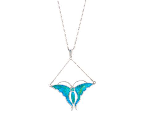 Charles Horner, an Art Nouveau silver and enamel butterfly pendant, with later chain surmount, suspended from a later silver 