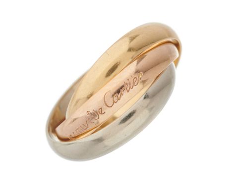 Cartier, an 18ct gold les must de Cartier Trinity tri-colour band ring, designed as three intertwined bands, signed Cartier, 