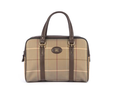 Burberry, a vintage Boston bag, designed with a green check canvas exterior and brown leather trim, dual rolled leather handl