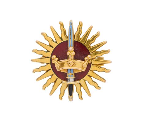 Garrard & Co., a 9ct gold and vari-hue enamel Imperial Society of Knights Bachelor brooch, hallmarks for Birmingham 1979, dia