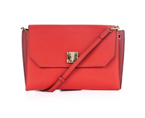 MCM, a crossbody flap handbag, crafted from red grained leather, with a long detachable leather crossbody strap, rear patch p