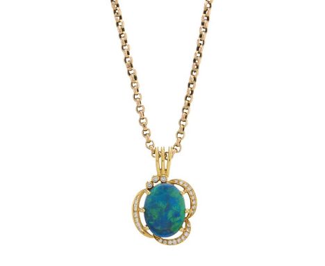 An 18ct gold black opal cabochon and brilliant-cut diamond pendant, suspended from an early 20th century 9ct gold belcher-lin