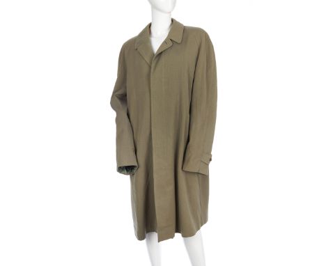 Burberry, a men's khaki green lightweight coat, featuring a notched lapel collar, front button fastenings, two outer flap poc