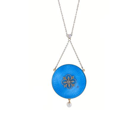 An Edwardian gold, blue guilloche enamel pendant, with rose-cut diamond floral overlay and seed pearl drop, suspended from an