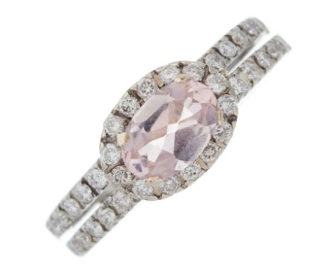 An 18ct gold oval-shape morganite and brilliant-cut diamond cluster dress ring, with similarly-cut diamond line shoulders, es