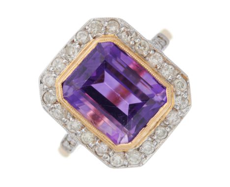 A mid 20th century 18ct gold rectangular-shape amethyst and circular-cut diamond cluster ring, with similarly-cut diamond lin