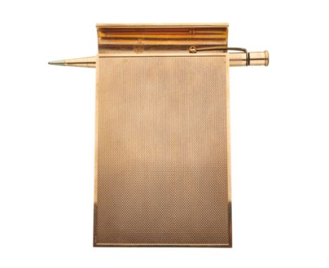 Asprey & Co Ltd, a 9ct gold and leather desk notepad holder, of engine turned design, signed Asprey London, hallmarks for Lon