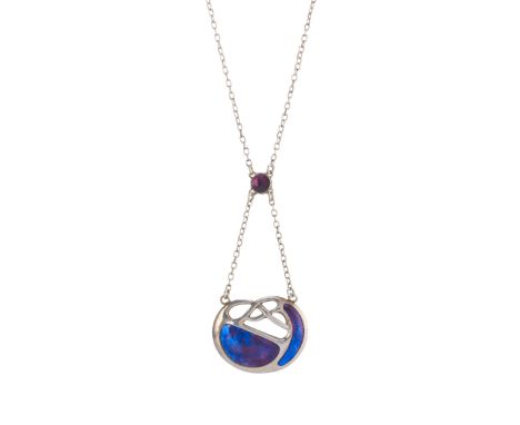 Charles Horner, an Art Nouveau silver and polychrome enamel Celtic knot pendant, with purple enamel spacer and chain surmount