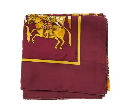 Hermes, an Artaban silk scarf, designed by Pierre Peron, first issued in 1973, featuring a yellow equestrian motif on a plum 