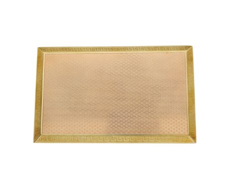 Asprey & Co Ltd, an Art Deco 9ct gold cigarette case, of engine-turned design and Greek key motif border, with sliding mechan