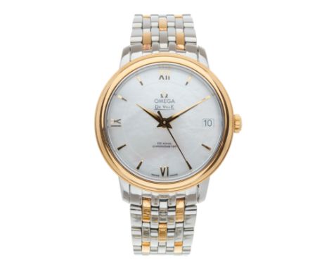 Omega, a stainless steel and 18ct gold De Ville Prestige co-axial chronometer bracelet watch, mother-of-pearl dial, reference