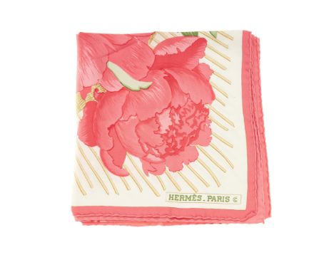 Hermes, a Les Pivoines silk scarf, designed by Christiane Vauzelles and first issued in 1978, featuring an array of pink peon
