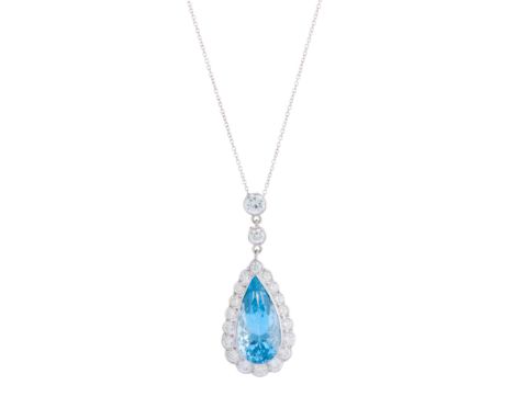 An 18ct gold aquamarine and brilliant-cut diamond cluster drop pendant, with similarly-cut diamond double surmount, suspended