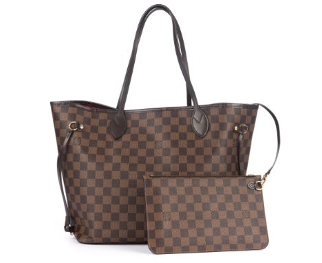 Louis Vuitton, a damier ebene Neverfull MM handbag and pouch, featuring smooth brown leather trim, with dual slim leather han