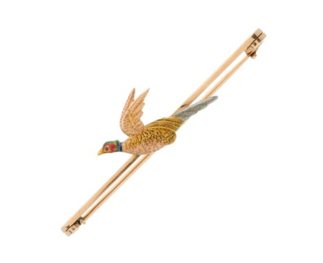 An early 20th century 15ct tri-colour gold brooch, modelled as a pheasant in flight, with polychrome enamel head and pink sap