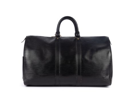 Louis Vuitton, a black epi Keepall 45 luggage bag, featuring a black textured leather exterior and smooth leather trim, with 