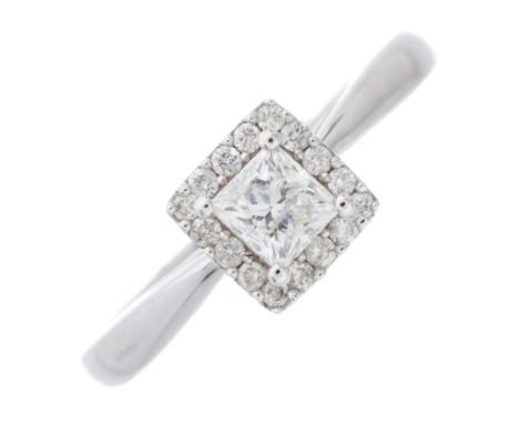 An 18ct gold square-shape and brilliant-cut diamond cluster dress ring, with slightly tapered shoulders, total diamond weight