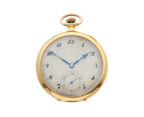 An Art Deco 18ct gold open face pocket watch, keyless manual wind movement and inner 18ct gold dust cover, maker's marks for 