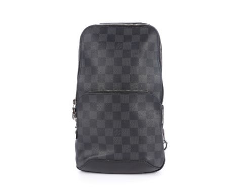Louis Vuitton, a damier graphite Avenue Sling bag, crafted with smooth black leather trim, featuring a front patch pocket, ad