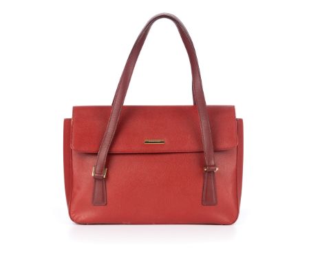 Burberry, a red medium flap handbag, designed with grained red leather exterior, with gold-tone hardware, flat leather should