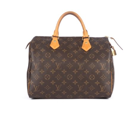 Louis Vuitton, a monogram Speedy 30 handbag, designed with the maker's monogram coated canvas exterior and natural tan leathe