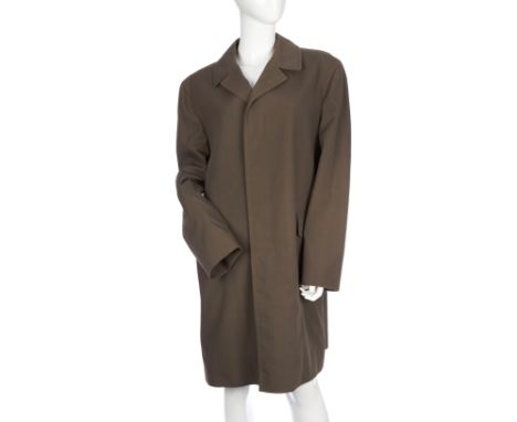 Burberry, a men's green cover overcoat, featuring a notched lapel collar, front button fastenings, hands through pockets and 