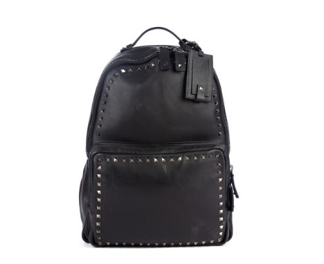 Valentino, a Rockstud backpack, crafted from smooth black leather, featuring a square studded embellished trim, with a front 