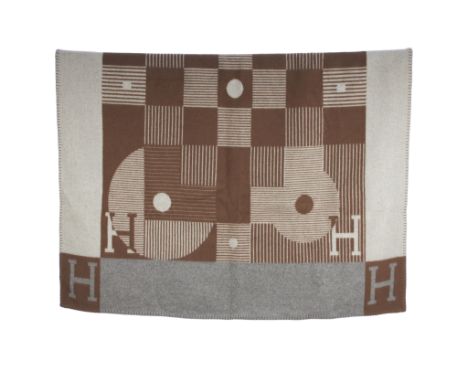 Hermes, an Avalon throw blanket, crafted from cashmere and wool, the cream and beige deign featuring the maker's H logo, meas