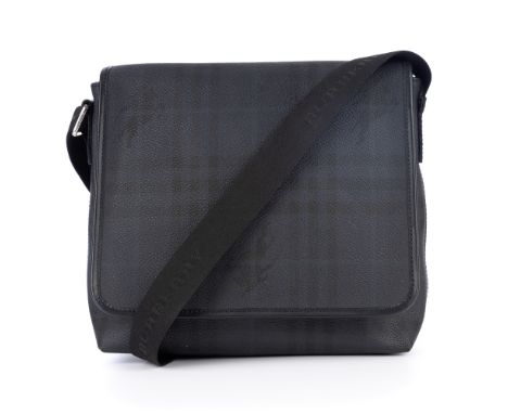 Burberry, a Haymarket Check messenger bag, crafted from the maker's grey and black check coated canvas exterior, with black l